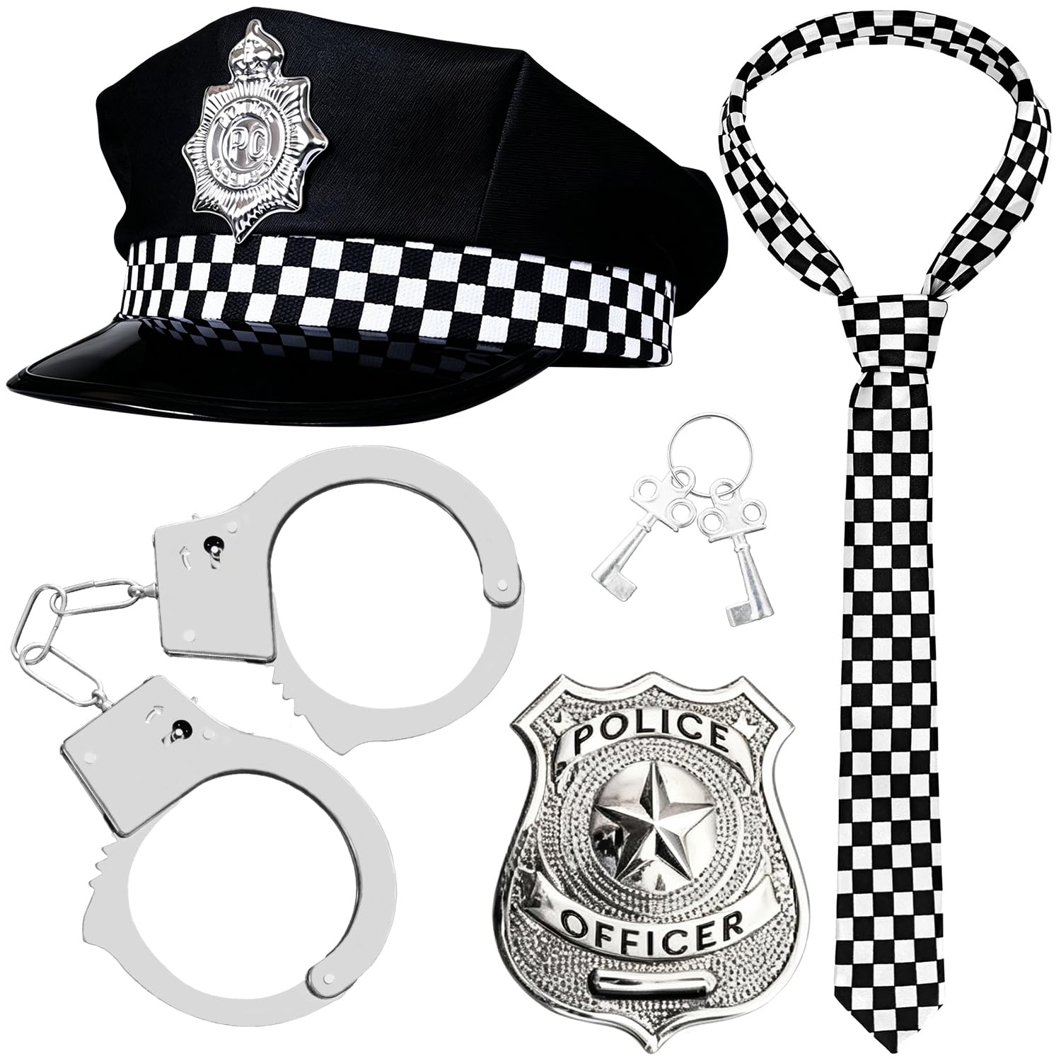 Police Fancy Dress Set, 5 Pack Police Costume Accessories Including Policeman Hat, Handcuffs, Police Badge, Sunglasses, Checked Tie, for Adults Cosplay Dress up Halloween Theme Party Role Play — image 1