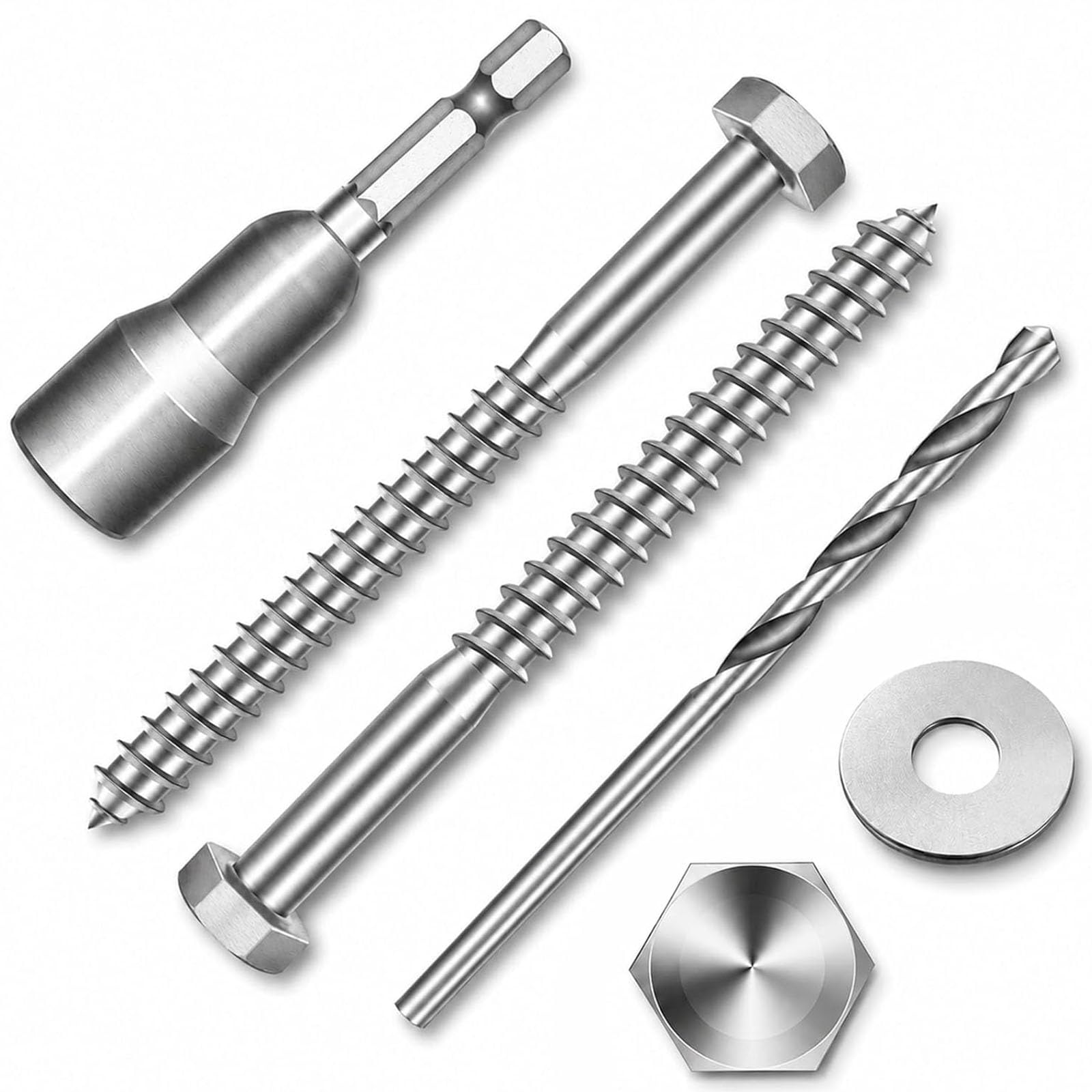 Zynthor 15Pcs M6 x 80mm Coach Screws, 304 Stainless Steel Hex Head Wood Screws with Washers, Magnetic Hex Socket and Drill Bit, Heavy Duty Lag Bolts for Timber, Decking, Fencing and Outdoor Fixing