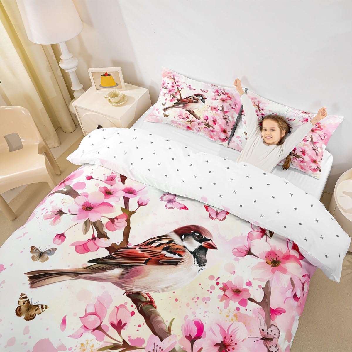 Homemissing Bird Print Nature Theme Duvet Cover Set Single Size For Kids Girls Butterfly Floral Bedding Set Cherry Blossoms Duvet Cover with 1 Pillowcase - Image 4
