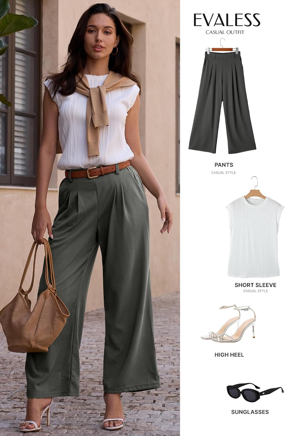 EVALESS Women's Wide Leg Pants Elastic High Waisted Waffle Knit Casual Palazzo Pants Trousers with Pockets - Image 5