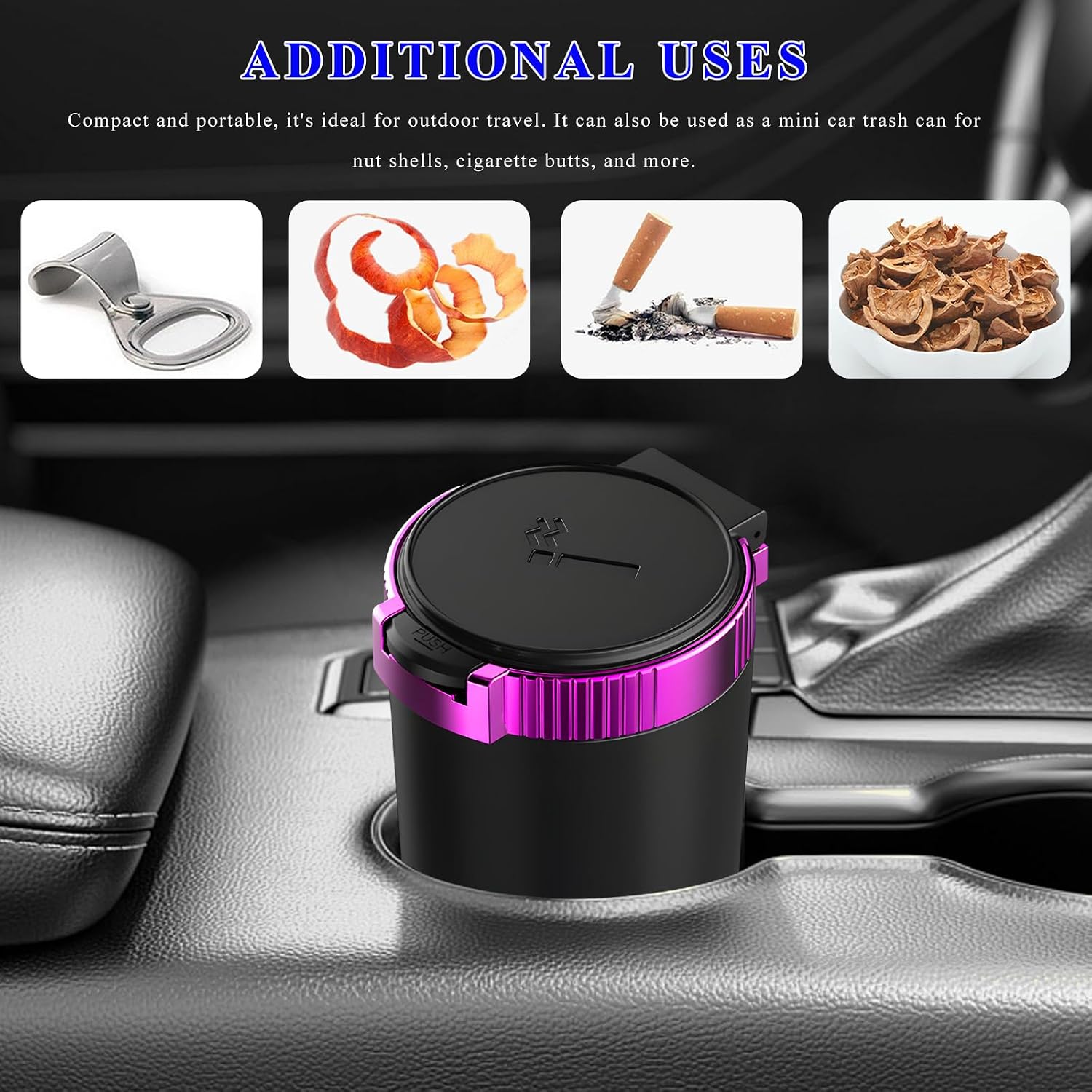 Car Ashtray with Lid, Windproof Ash Tray with Stainless Steel Inner Liner & LED Light, Mini Detachable Trash Can Portable Cylinder Ash Container for Car Home Outdoor (Purple)