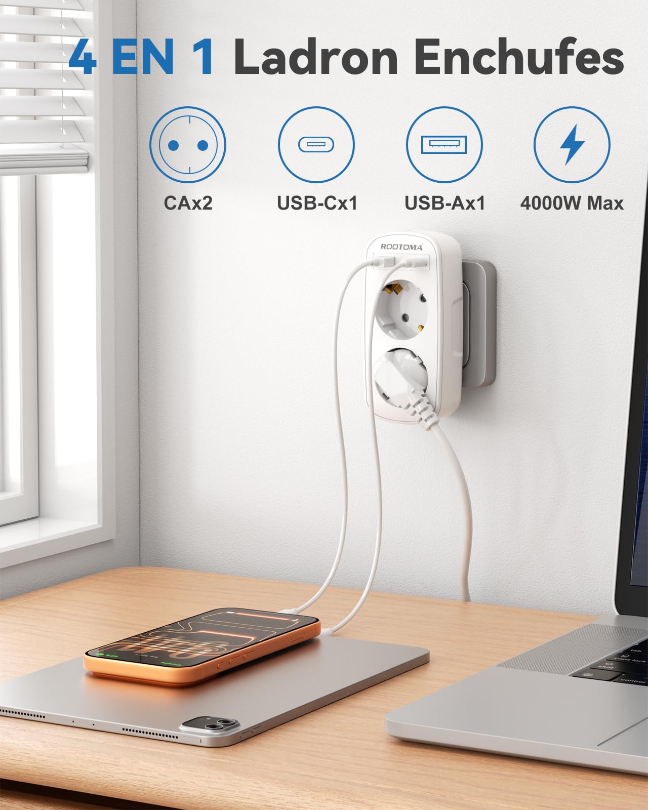 Ladrón Enchufes 4 en 1 con USB-A y USB-C, Enchufe Doble para Pared, Compacto para Familia, Cocina y Oficina, Blanco, 4000W/16A — view 2