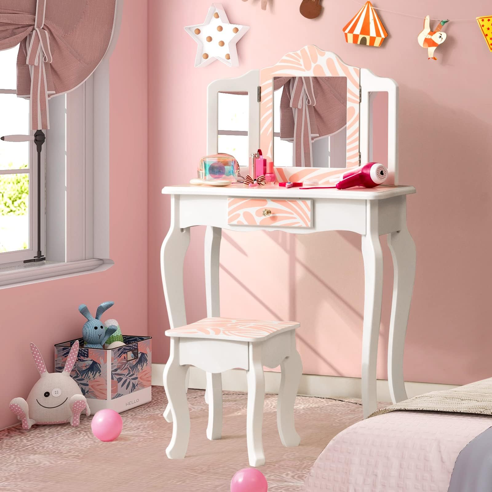 Costzon Kids Vanity, Girls Vanity Set with Mirror and Stool