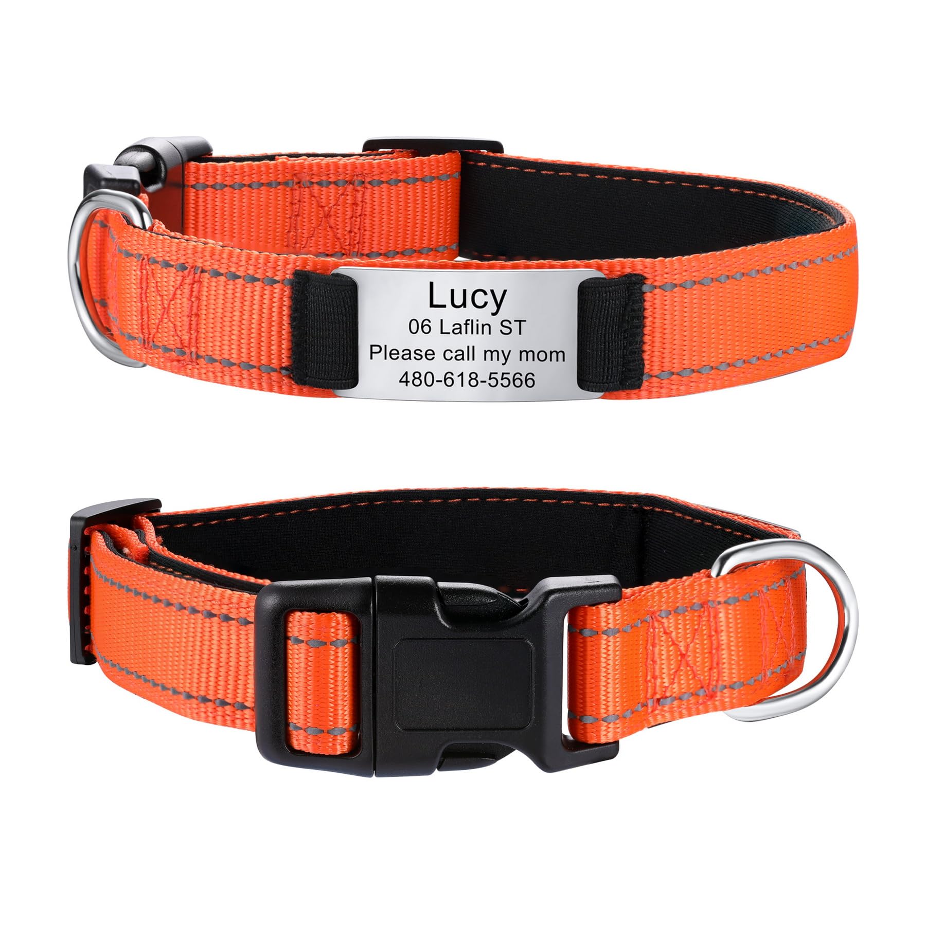 MeMeDIY Personalized Dog Collars Padded Reflective Nylon Dog Collar with Engraved Name Pet ID Tag Silent Stainless Steel Nameplate Adjustable Collar for Small Medium and Large Dogs -Orange, S