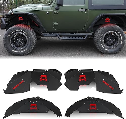 JROAD Compatible con guardabarros interior Jeep Wrangler, forros de guardabarros delantero y trasero, aluminio, con 6 luces LED para Wrangler