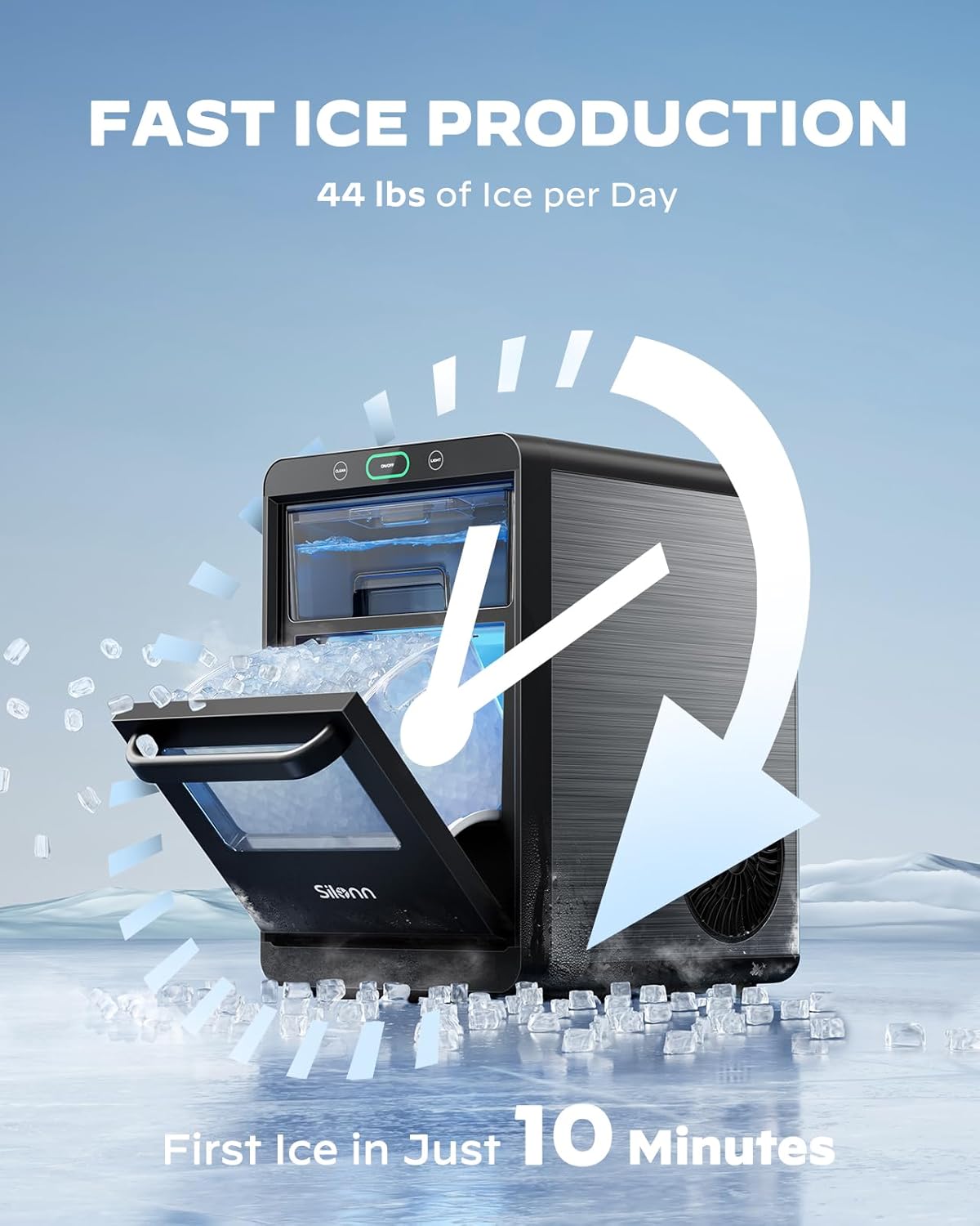 Graphic showing fast ice production of 44 lbs per day and first ice in 10 minutes