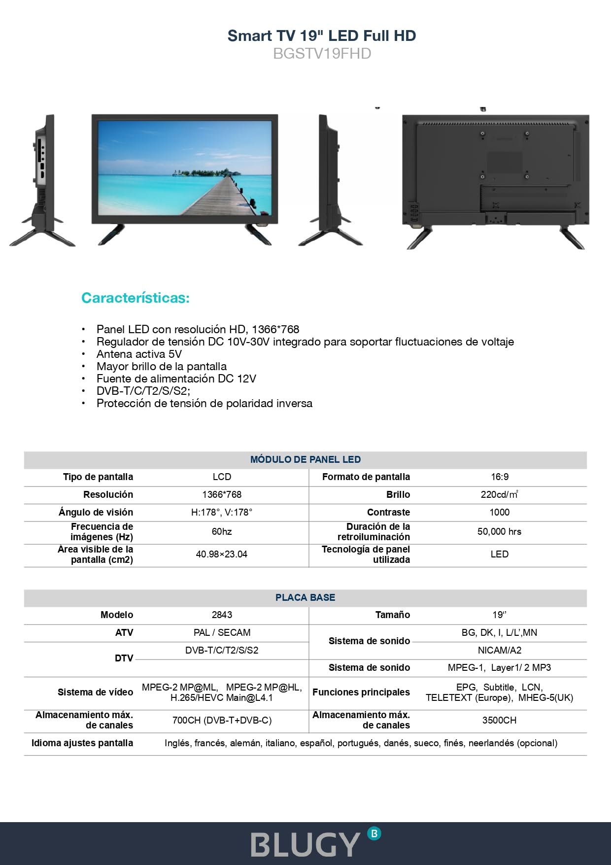 Televisión Smart 19" LED HD, 12V, 1366x768 píxeles Travel TV Ideal para vehículos, caravanas, Camiones, Barco, Altavoz Integrado Disney+ Netflix Youtube [Clase de eficiencia energética A]