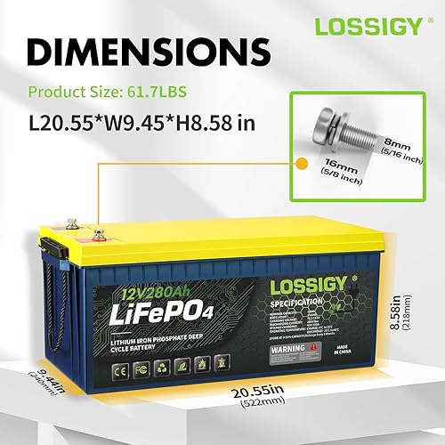 Miniatura 10 de LOSSIGY Batería de litio LiFePO4 de 12 V 300 Ah, ciclo profundo de 3840 Wh con BMS de 200 A, perfecta para sistema solar, RV, remolque, marina, dura
