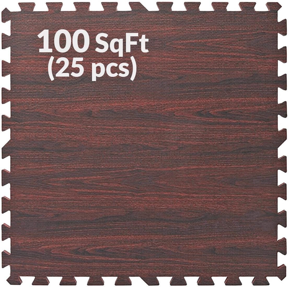 Home Aesthetics 100 Sq. Ft 3/8 Inch Thick Printed Foam Tiles Interlocking Foam Mat, Dark Wood Oak Grain Style - (24" x 24", 25 pcs), Protective Flooring for Home, Exercise or Trade Show
