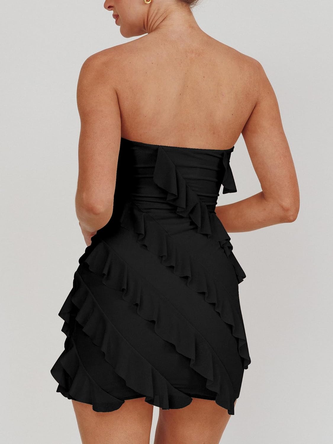 HOCILLE Women's Sexy Strapless Tube Top Bodycon Sleeveless Ruffle Mini Party Dress - Image 2