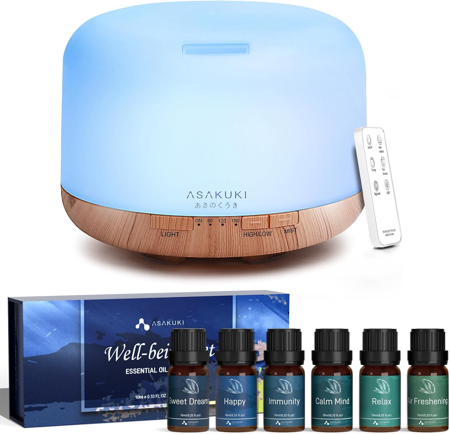 ASAKUKI 500ml Essential Oils Diffuser with Essential Oil Blends Set for Home