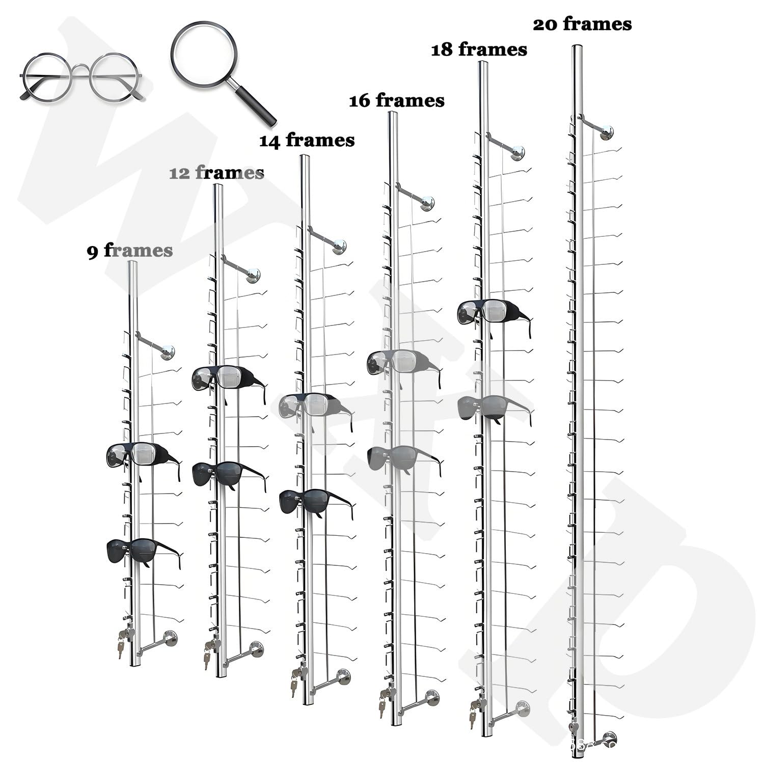 Soporte de exhibición de gafas de sol de aluminio con cerradura, solución segura de almacenamiento para el hogar y venta al por menor para múltiples marcos