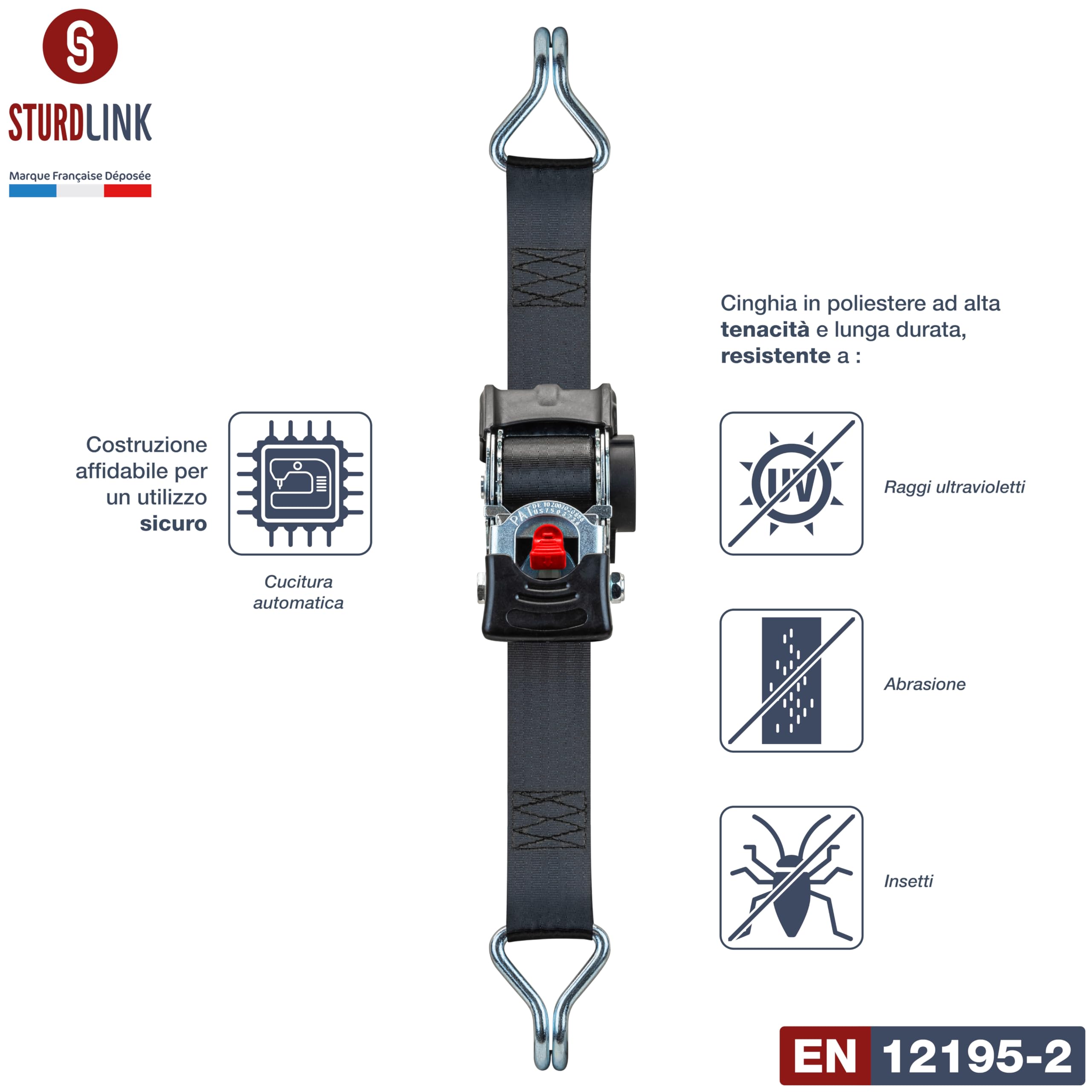 Cinghie con Cricchetto Automatiche 50mm 3m LC 750kg/1500kg con Gancio in Acciaio [x2] | Avvolgitore Automatico | Cinghia Fissaggio per Rimorchio, Carrello per Quad Barca Enduro | EN 12195-2 Sturdlink®