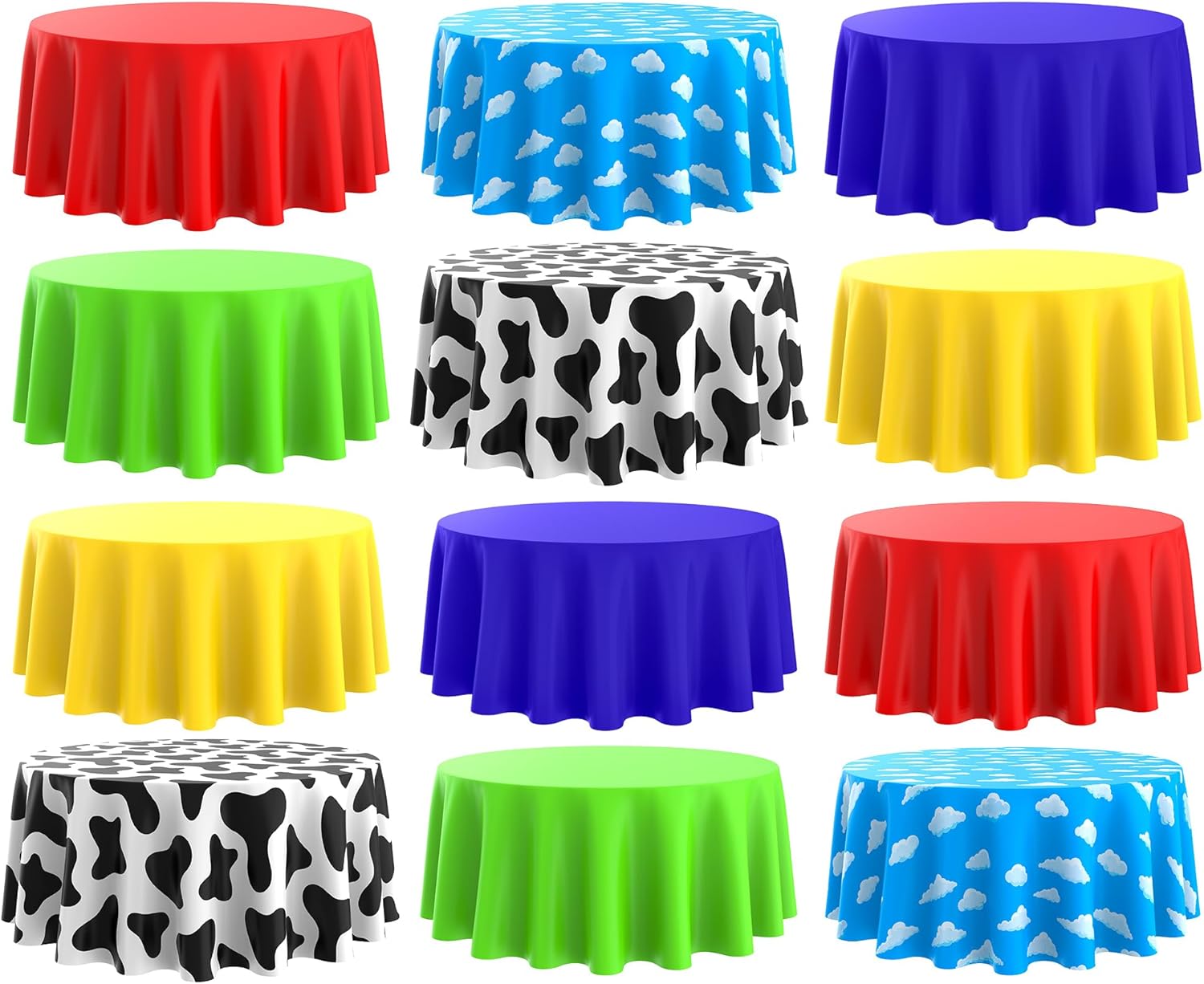 Kinlop 12 Pcs Cartoon Tablecloth Round 84 Inch Blue Sky and White Cloud Tablecloth Plastic Disposable Cow Table Cover Waterproof for Baby Shower Party Dinner (Blue Yellow Green)