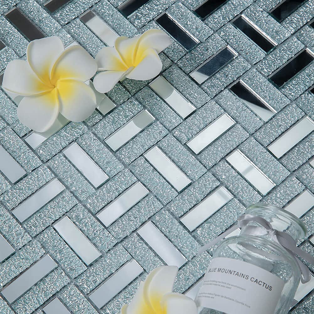 Adedeo Crystal Diamond Mosaic Tile Brick Mirror Glass Mosaic Tile for Kitchen Backsplash Bathroom Wall (6 Sheets, Silver Brick Flat Mirror)