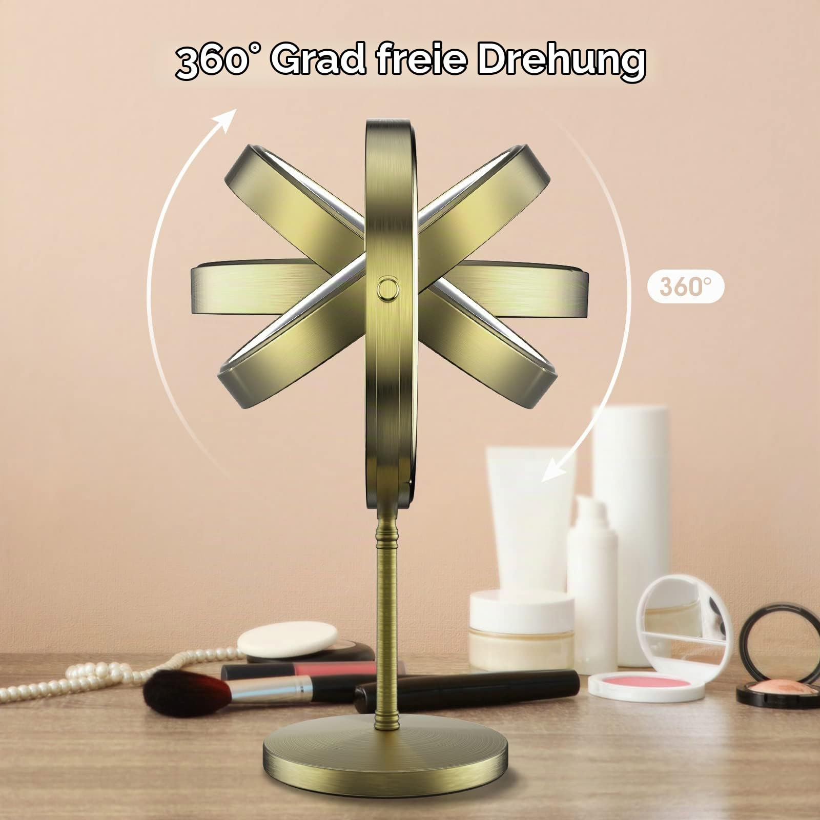 Tischspiegel mit Licht Europäischer Retro Schminkspiegel Vintage Hochauflösender Schreibtisch Kosmetikspiegel Einstellbares 3 Farben Licht 1X/10X-Vergrößerung 360Grad -Altgold