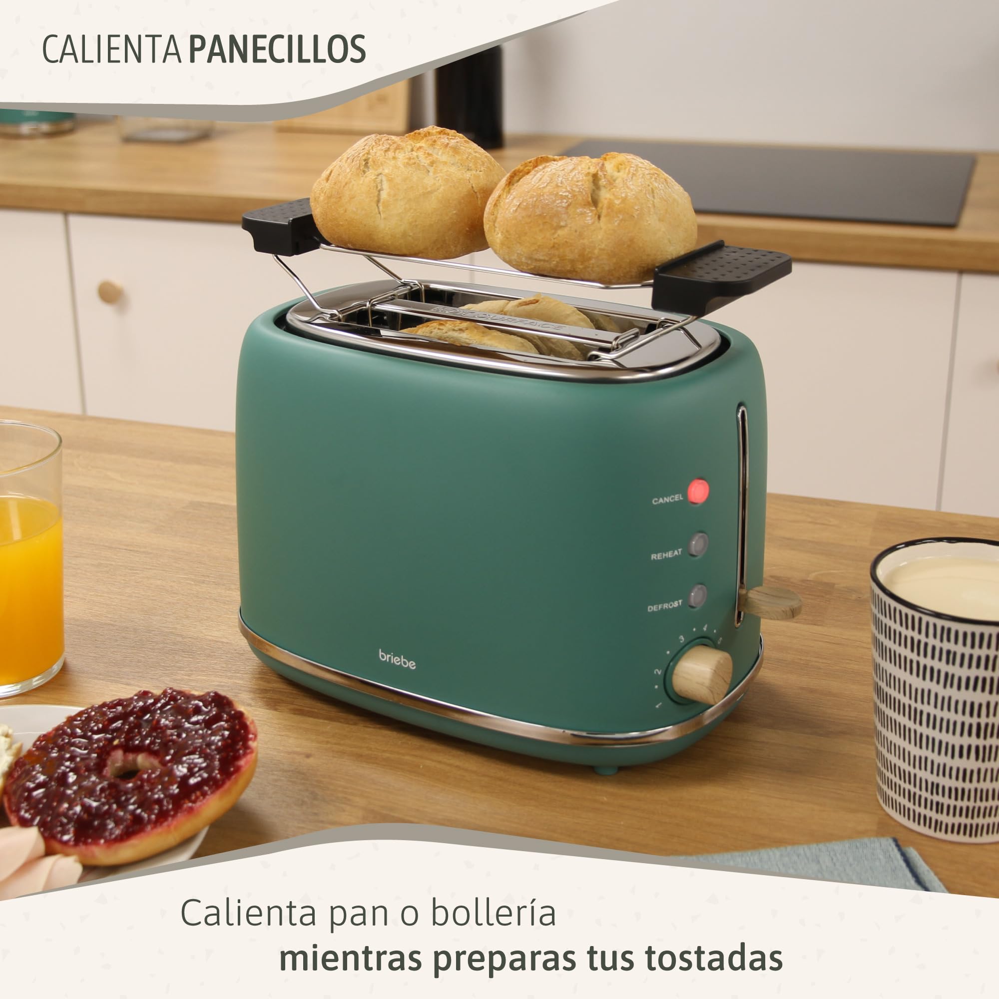 briebe Nordic Set Tostadora Pan Ranura Ancha 2 Rebanadas, 6 Niveles Tostado + Tetera Silbante 2,3 L Infusiones, Acero Inoxidable, Inducción, Libre BPA, Pack Desayuno Diseño Nórdico Verde