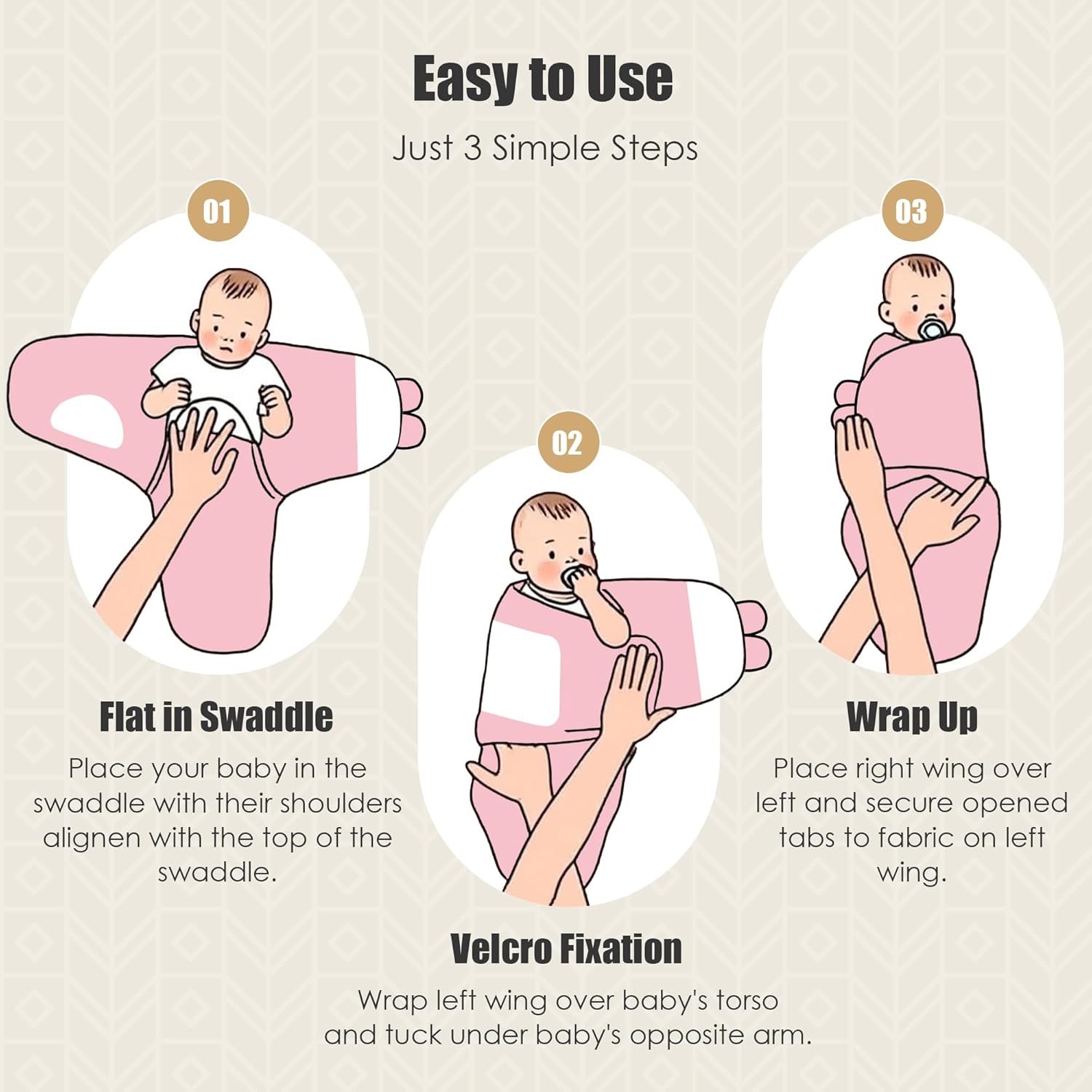 SWEET DOLPHIN 3-Pack Baby Swaddle Sleep Sacks - Newborn Swaddle Blanket with Soft Cotton - Ergonomic Wrap for Boys and Girls, 3-6 Months, Pink