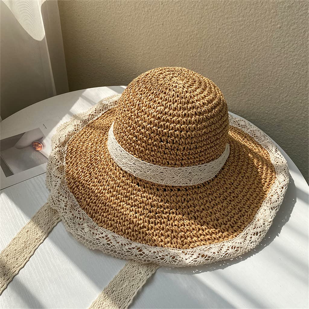 generic Sombrero de Sol de Encaje de Verano, Sombreros de Playa para Mujer, Sombrero de Viaje de ala Ancha para el Sol, Sombrero de Cubo Lolita, Sombreros de Vacaciones para Mujer