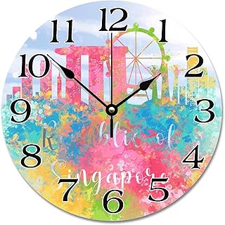 Guangpat City Skyline Wall Clock Watercolor Republic of Singapore Cityscape 10 Inch Wooden Wall Clocks Battery Operated Silent Travel Hanging Clock for Bedroom Living Room Farmhouse Wall Decor