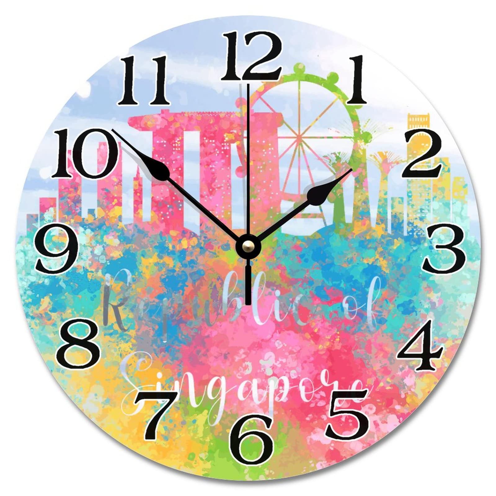 Horloge murale Singapour en aquarelle de 30,5 cm pour salon et chambre