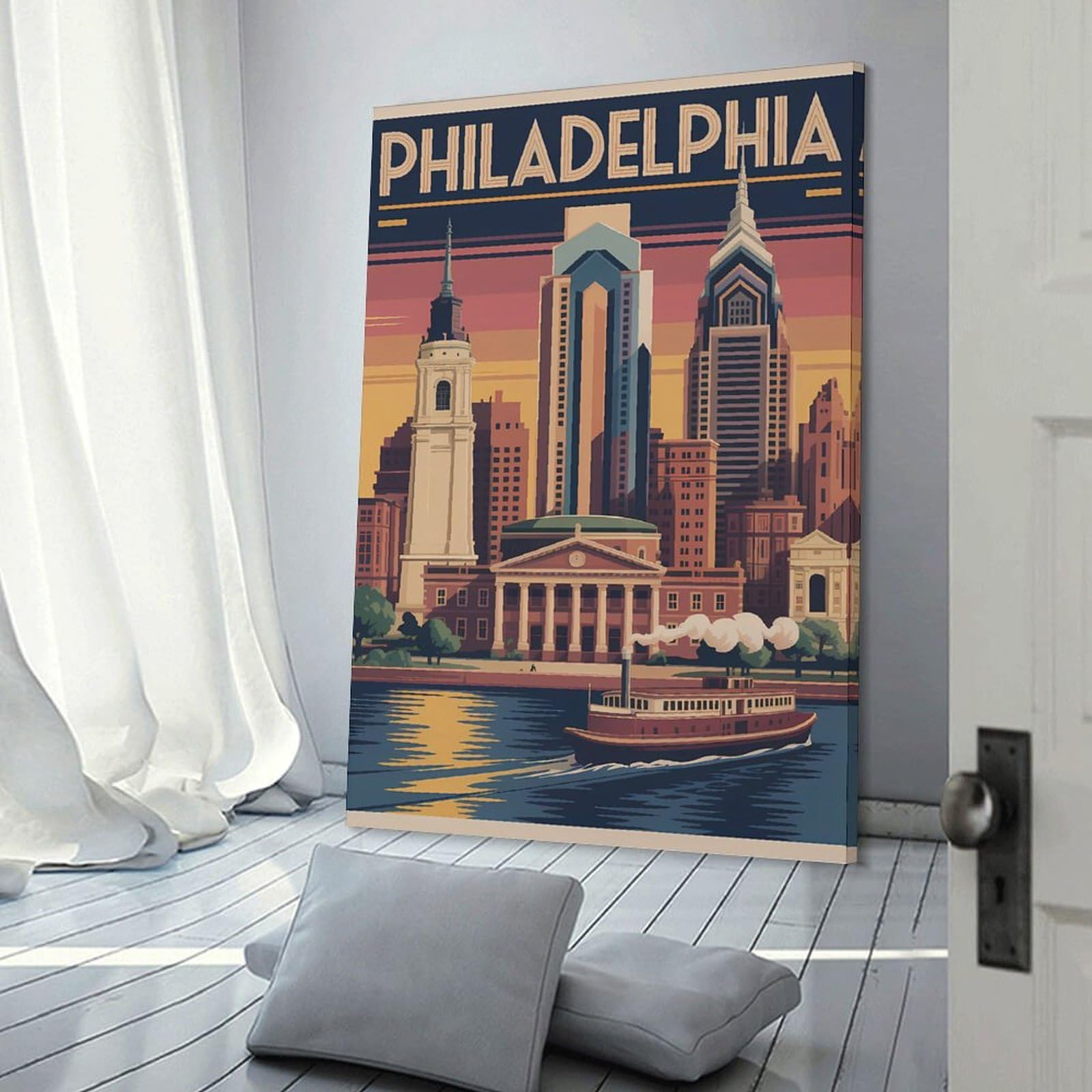 Junmoney Philadelphia Skyline Vintage Canvas Art Print, 24x36inch(60x90cm), for Bedroom, Lounge Or Dressing Area, Canvas Wall Decor for Personal Spaces