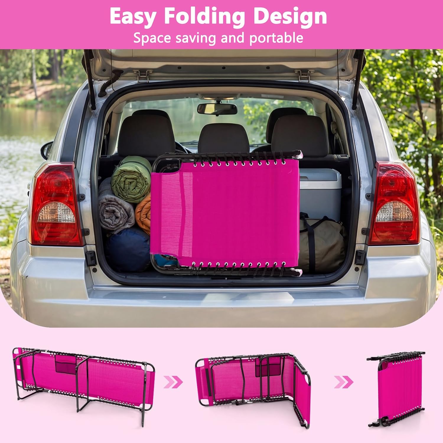 Giantex Patio Lounge Chairs for Outside - Folding Tanning Chair w/Headrest, 4 Adjustable Positions, Side Pocket, Outdoor Chaise Lounge for Camping, Pool, Sunbathing Beach Chair, Pink