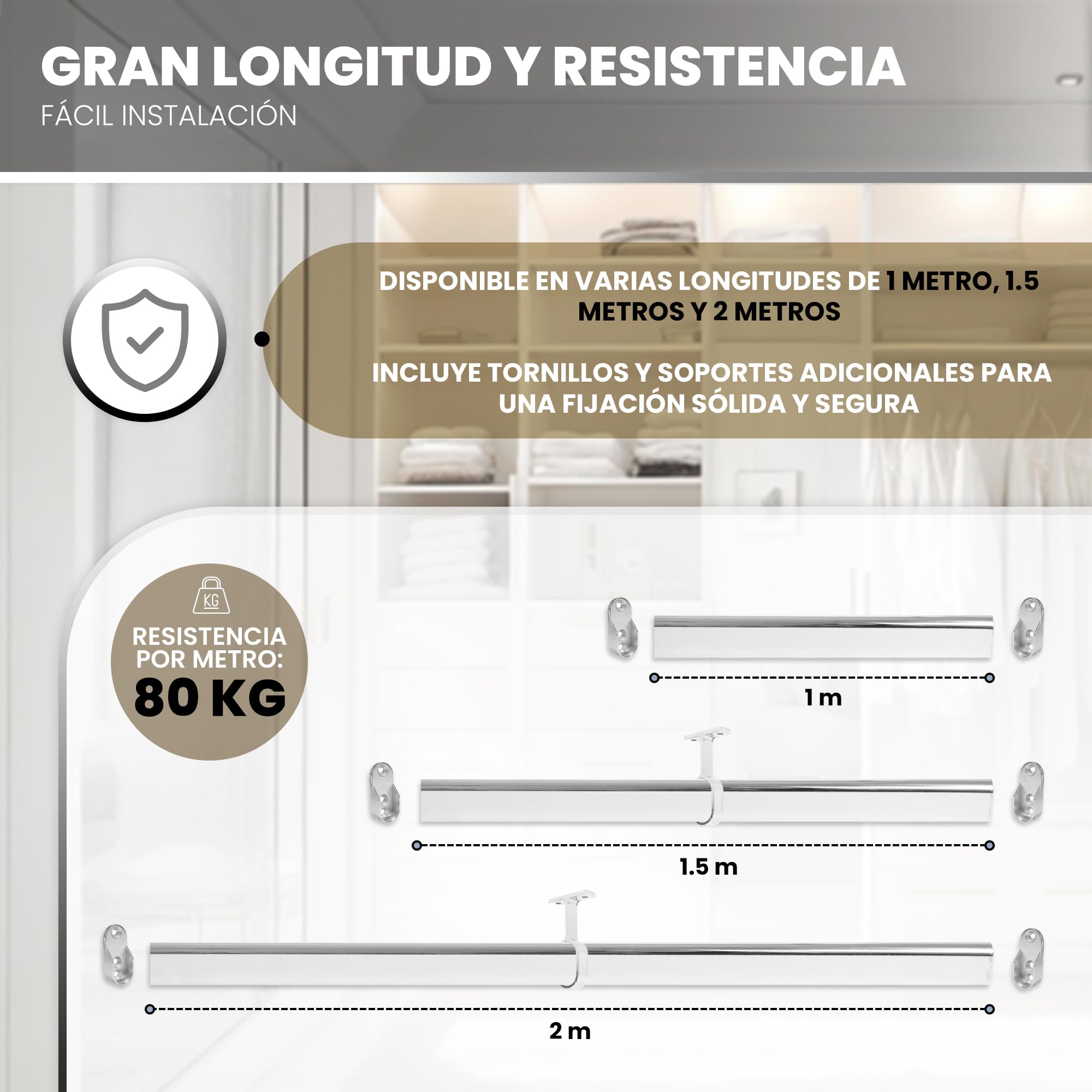 Barra Para Armario Extensible (70-200 Cm) - Acero Aluminio, Soporte Incluido, Ideal Para Ropa, Baño, Balcón O Ducha