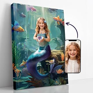 Turn Me Royal Custom Fantasy Portrait from Photo, Personalized Canvas Wall Art as Unique Personalized Birthday Gifts for Little Girls, Turn your or Daughter into Mermaid (The Tiny Mermaid, 8" x 10")