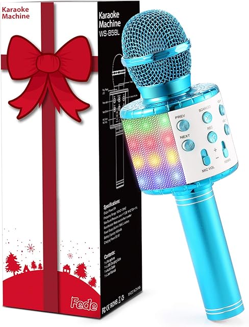 Fede Microphone for Kids Adults, Wireless Bluetooth Microphone with Flashing Colorful LED Lights Portable Speaker Karaoke Machine, Home KTV Player Support Android & iOS Devices for Party Singing