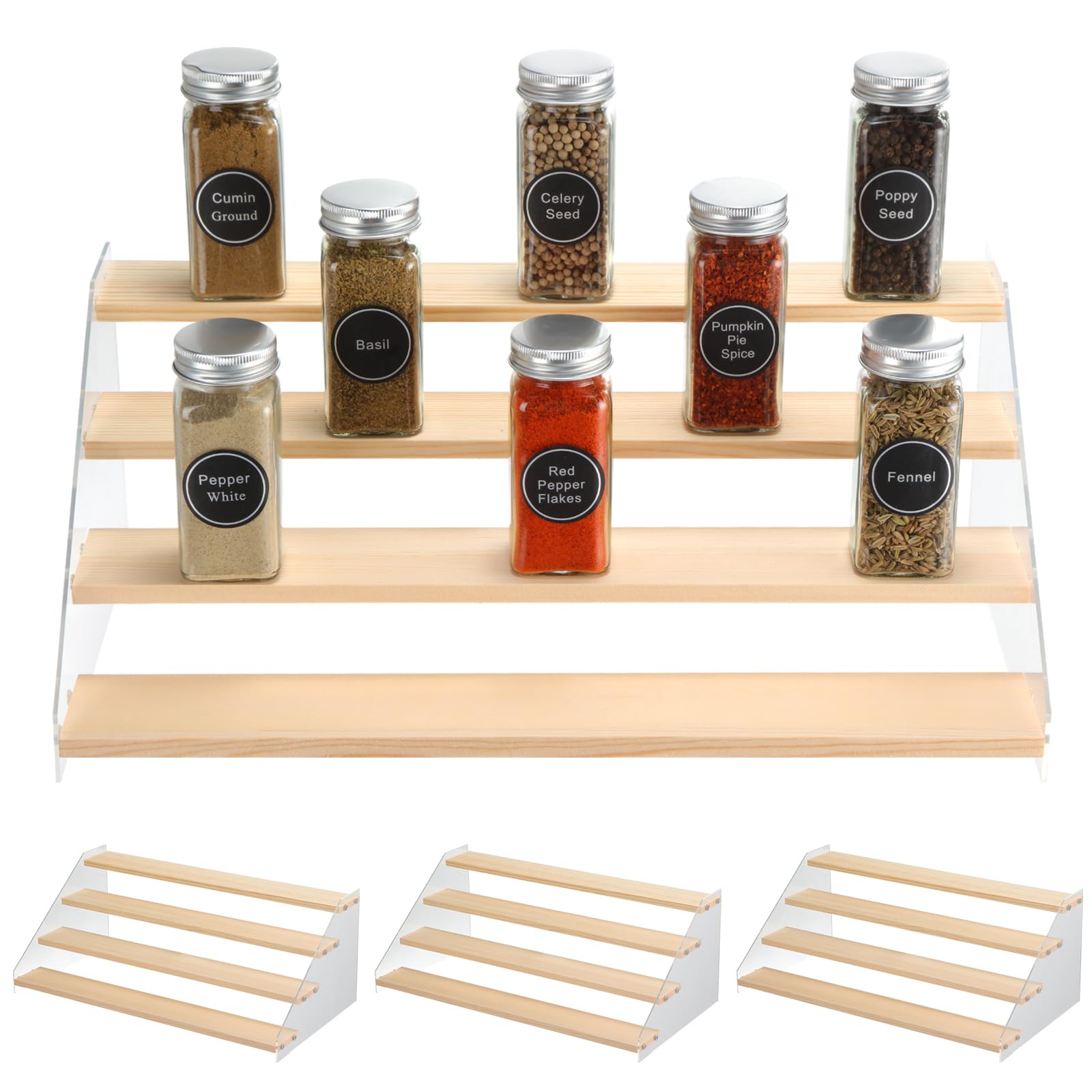 Photo 1 of 4 Set 4 Tier Acrylic Wood Display Stand, Wooden Tiered Display Shelf Organizer Rack Clear Acrylic Display Riser Shelf with Screwdriver and Screws for Cupcakes Perfumes Figures Collectibles, 16 Inch