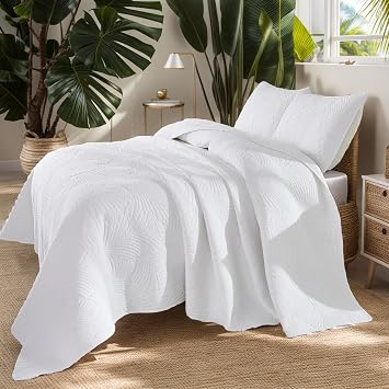 Brandream White Quilt Set King Size Cotton Tropical Palm Leaf Matelasse Coverlet Set 3-Piece