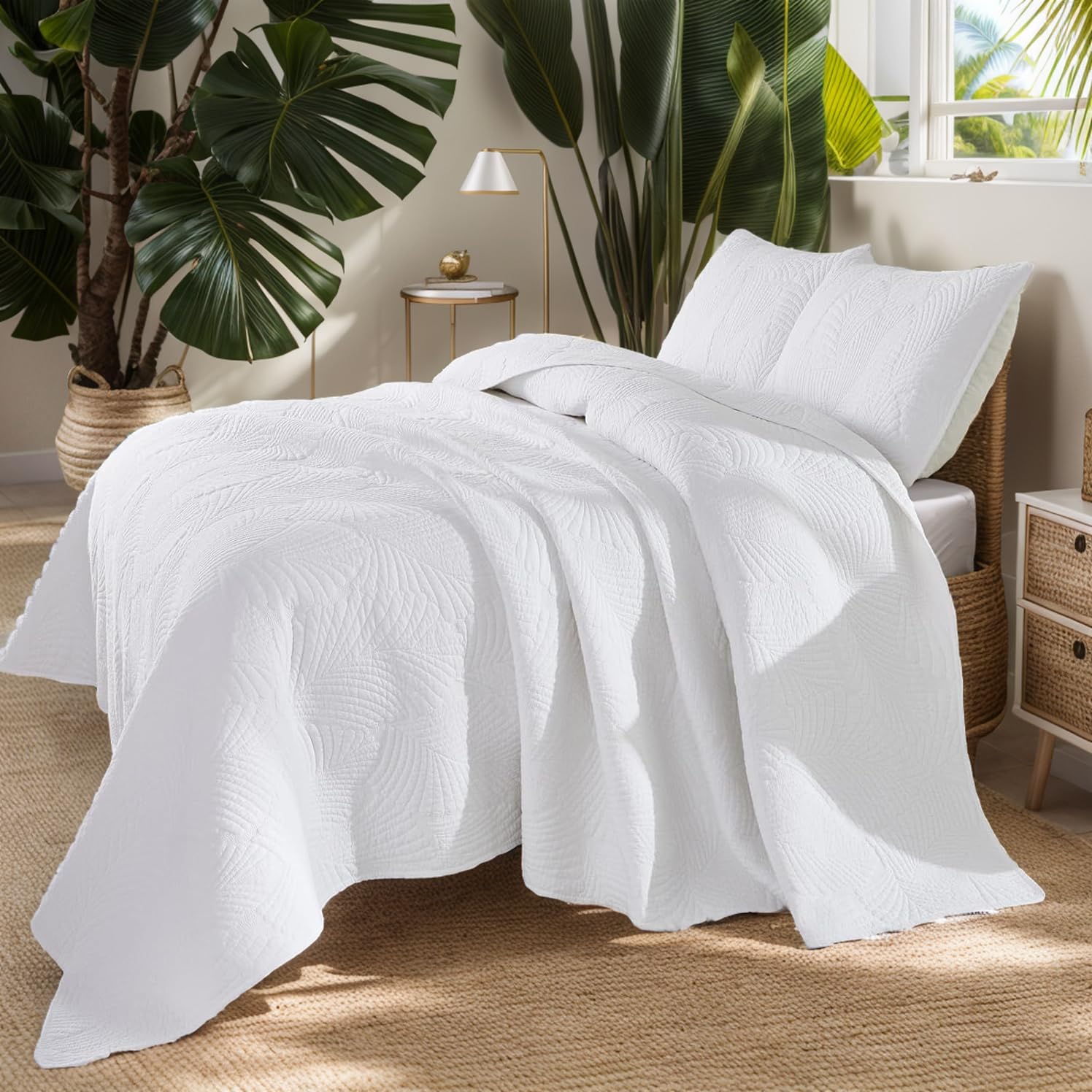 Brandream White Quilt Set King Size Cotton Tropical Palm Leaf Matelasse Coverlet Set 3-Piece