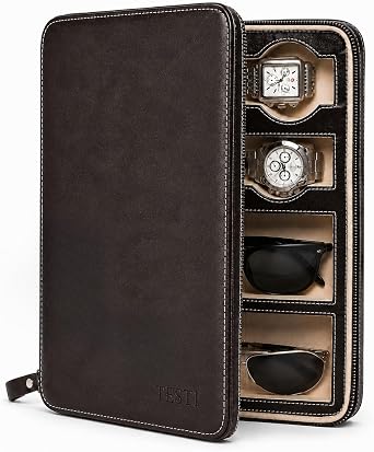Bey-Berk Custom Personalized Genuine Leather two watches and sunglasses/eyeglasses travel case with form fitting compartments