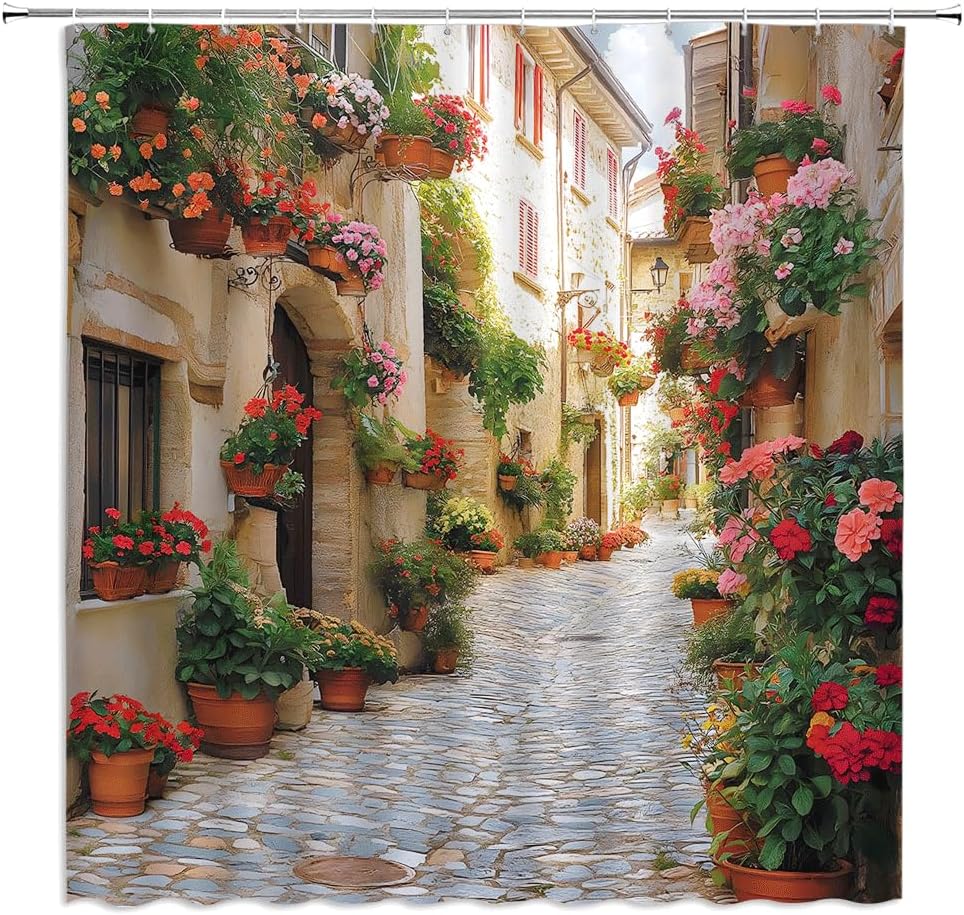 Italian Shower Curtain View of Old Mediterranean Street Stone Rock Houses in Italy Floral Garden Nature Plant LandscapeFabric Bathroom Decor Curtains with Hooks,90 x 70