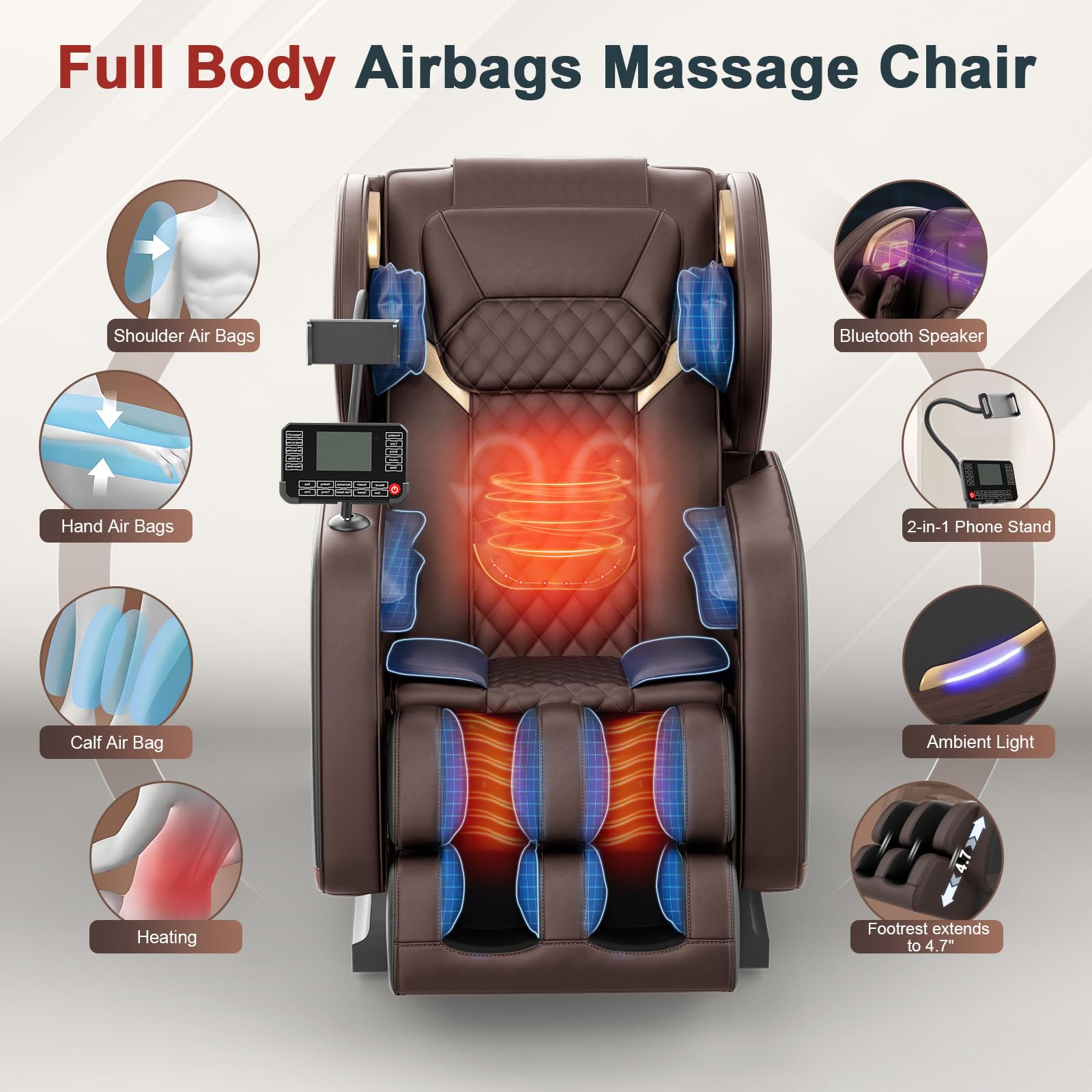 Sillón de Masaje Reclinables de Cuerpo Completo con 14 Rodillos de Masaje,8 Bolsas de Aire,Calefacción para Piernas y Cintura,Altavoz Bluetooth,Sillón Masajeador Gravedad Cero