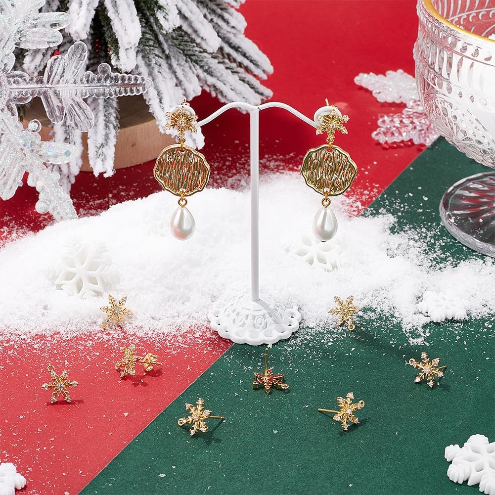 Beebeecraft 1 Box 12Pcs Snowflake Earring Posts with Loop and Ear Nuts 18K Gold Plated Brass Earring Studs Christmas Cubic Zirconia Winter Stud Earring Findings for Christmas New Year Jewelry Making