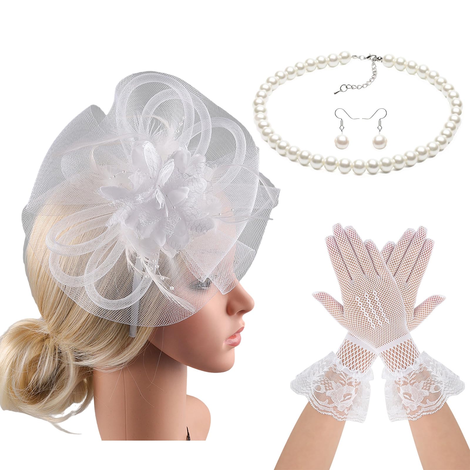 MICFENY French Hat with Neckwear Gloves Earrings 4in1 Set For Horse Racing Event and Halloween Party Dressingup Headpiece