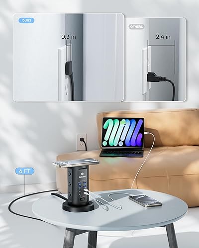 Miniatura 8 de Estación de carga USB de 115 W, torre de regleta de alimentación con protector de sobretensiones, 9 salidas de CA con 8 puertos USB (4 USB-C), cable