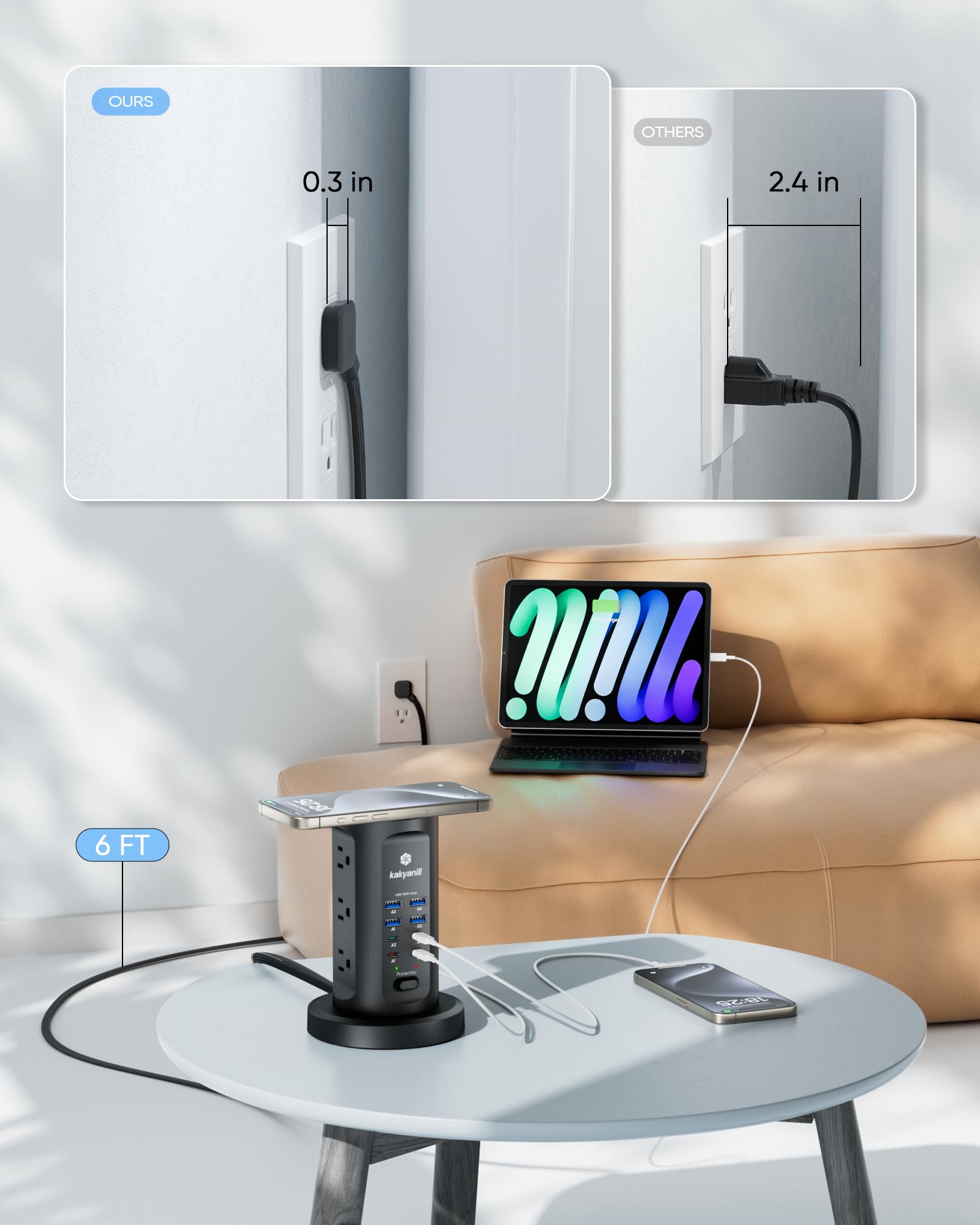 Kakyanill Stacja ładująca USB 115 W, listwa zasilająca z ochroną przeciwprzepięciową, 9 gniazd AC z 8 portami USB (4 USB-C), płaska, wysuwany przewód przedłużający