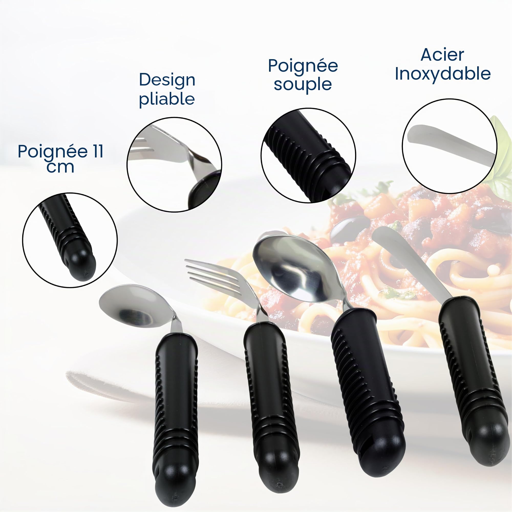 Gima - Set de 4 Couverts Easy Grip, Façonnables, pour Personnes Âgées, Fourchette, Couteau, Cuillère et Cuillère à Café, Manche Large Antidérapant, Caoutchouc avec Grip pour une Prise Facile