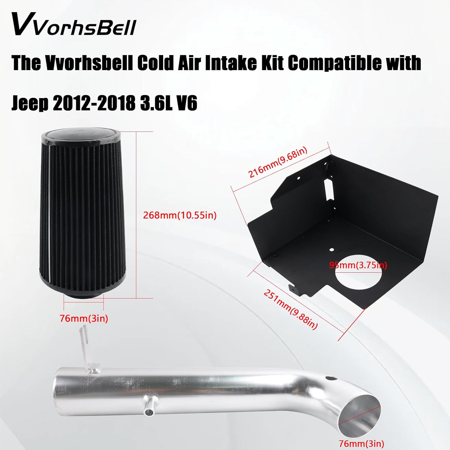 Cold Air Intake Kit Compatible with 2012-2018 3.6L Jeep Wrangler JK V6-10479 Aluminum Intake System with Heat Shield