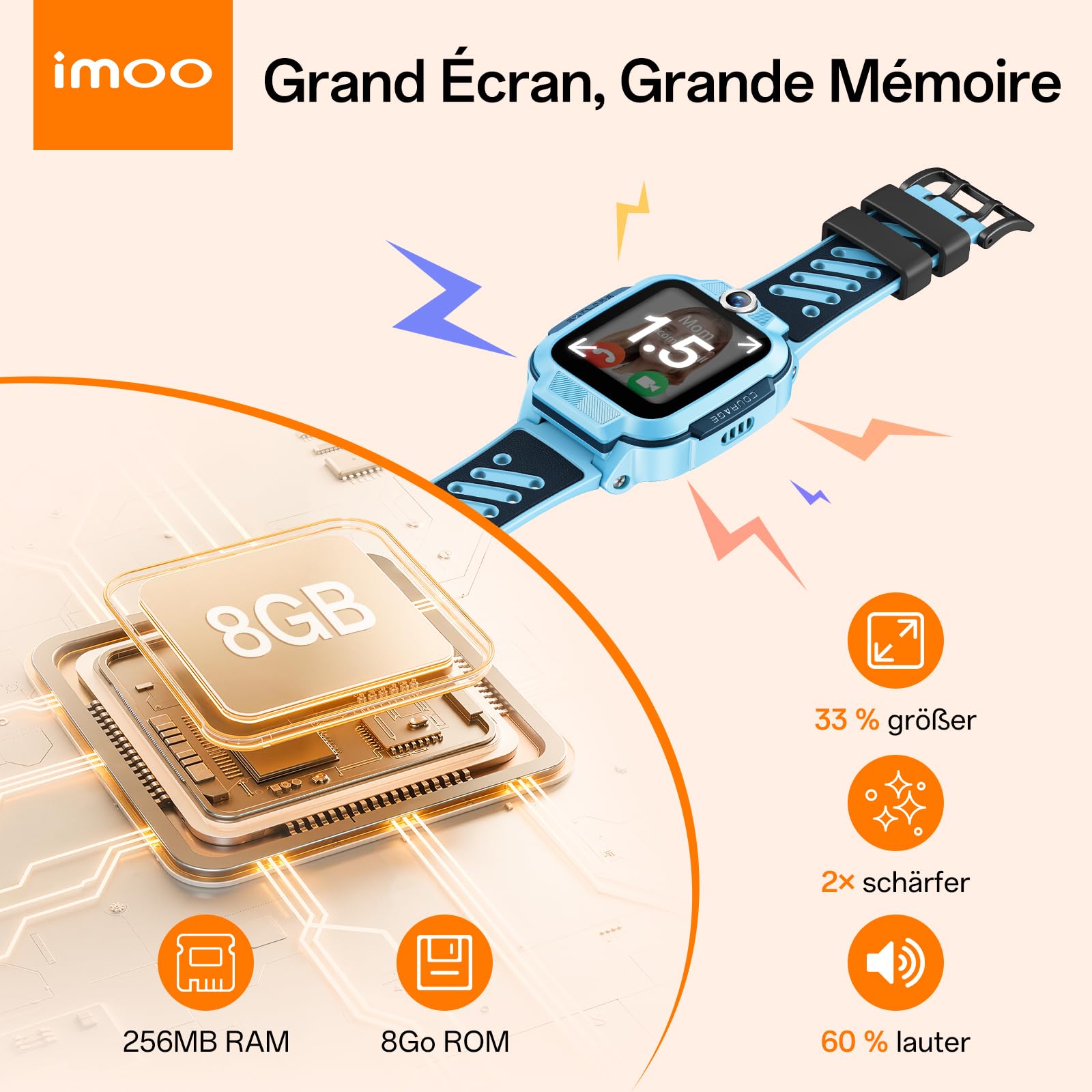 imoo Z3 Montre Connectée pour Enfants, Appels 4G Vidéo/Voix et Traqueur GPS en Temps Réel, Écran HD 1.5″ Résistant à l’Eau Jusqu’à 20m, Stockage 8GB, Contrôle Parental avec kit d'accessoires (Bleu)