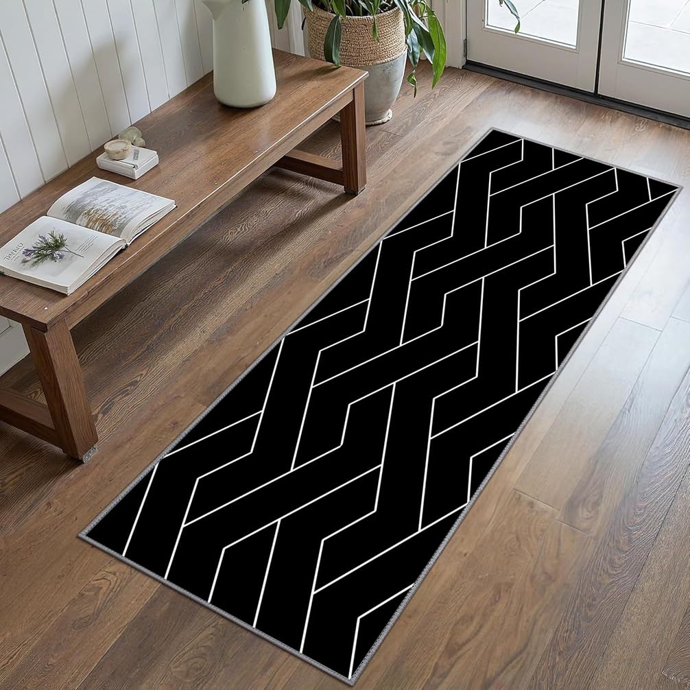 Tappeto Passatoia Antiscivolo Tappeto Corridore Lungo Nero, Bianco Lavabile in Lavatrice Tappeti Runner Passatoia per Soggiorno Camera da Letto Entrata Bagno，100 x 150 cm,Geometrici Moderni