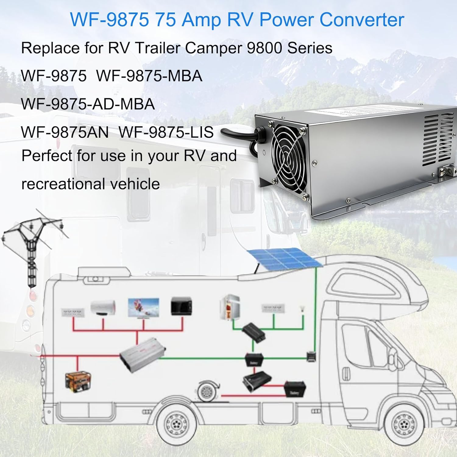WF-9875 75 Amp Power Converter, WF-9875-AD, Replace for Trailer Camper 9800 Series,WF-9875-MBA,WF-9875-AD-MBA, 75 Amp Power Converter for Rv, 5 Years Warranty