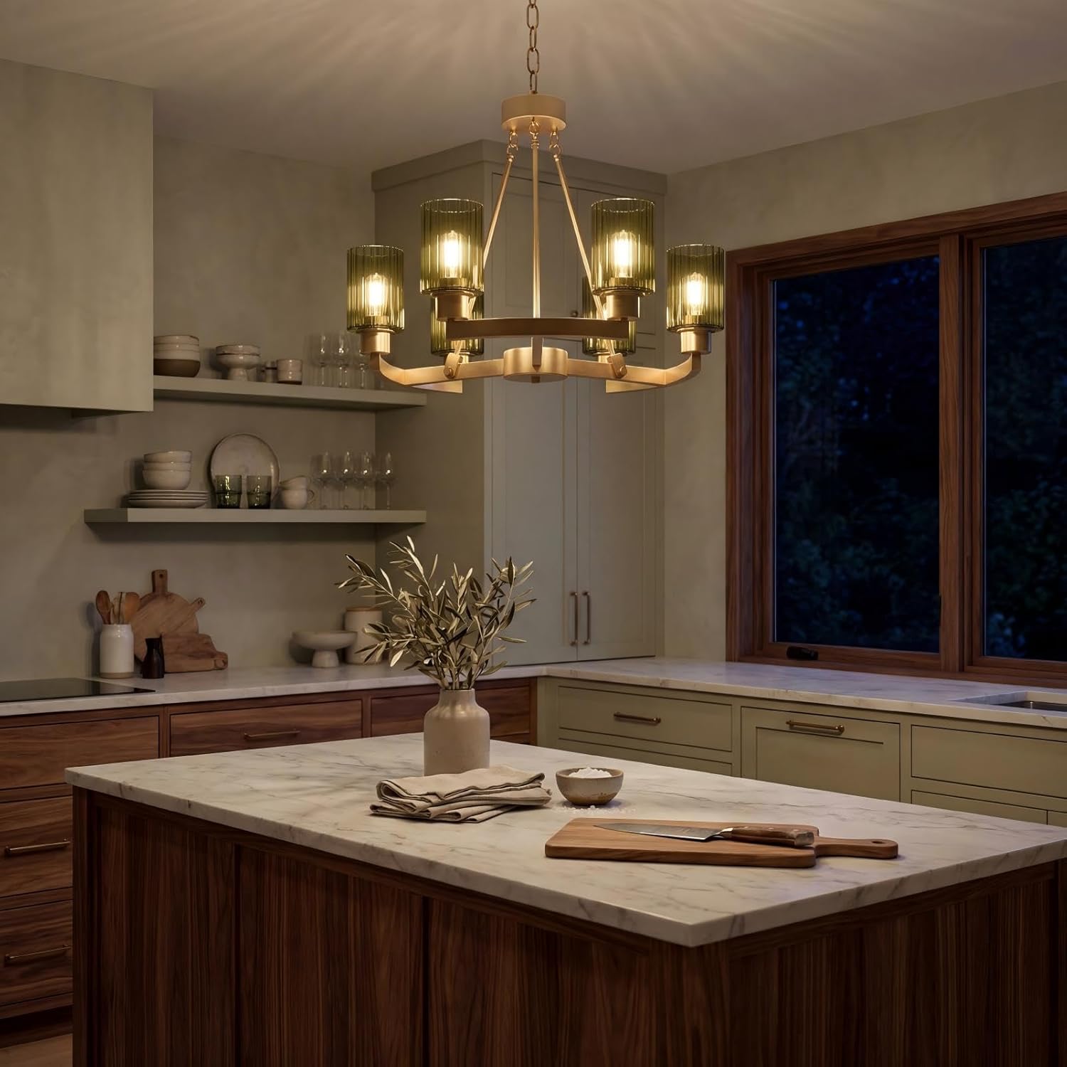 Modern Gold Chandelier 6-Light - 20" Olive Green Fluted Glass Brass Hanging Fixture for Dining Room, Kitchen Island, Living Room, Brass Frame