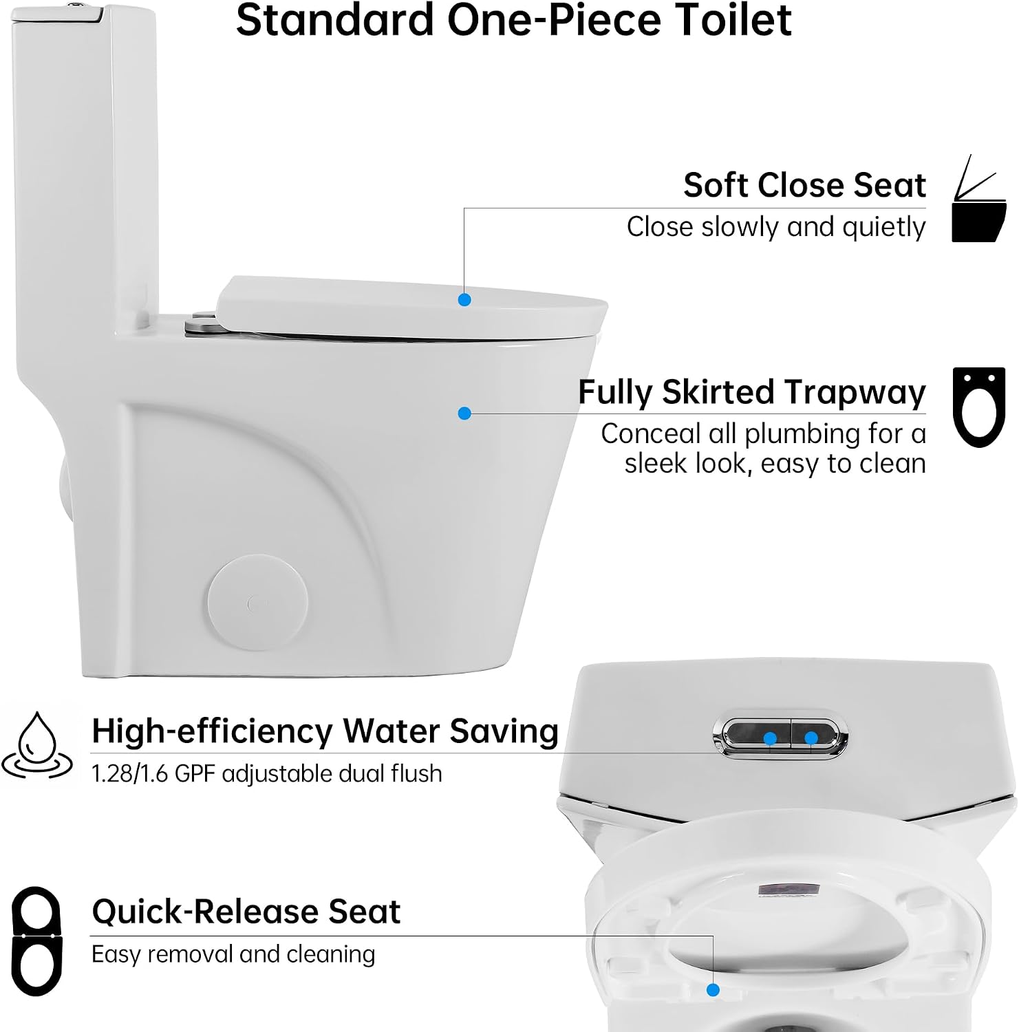 One Piece Toilet | Dual-Flush 1.1/1.6 GPF | Compact Toilet | 16" Comfort Height | Quiet Flush & Soft-Close Seat | Smart Toilet | White (White, 16‘’ seat height)