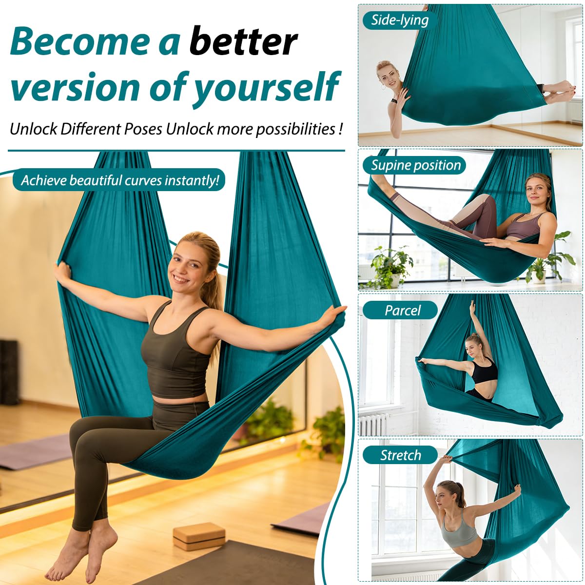 Juego de Hamaca para Yoga Aéreo, Hamaca Colgante para Yoga de 150x280 cm, Kit de Columpio de Yoga con Accesorios, Capacidad de Carga 200 kg, YogaSwing Antigravedad para Fitness Culturismo, Verde