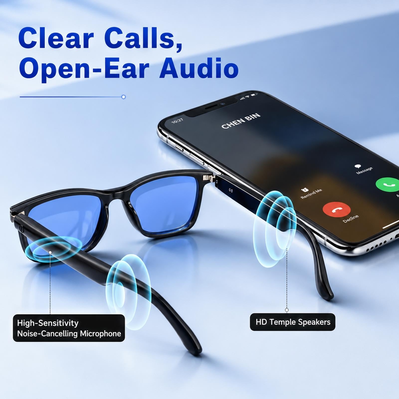 Occhiali da Sole Bluetooth Wireless con Microfono, Audio Aperto Smart AI