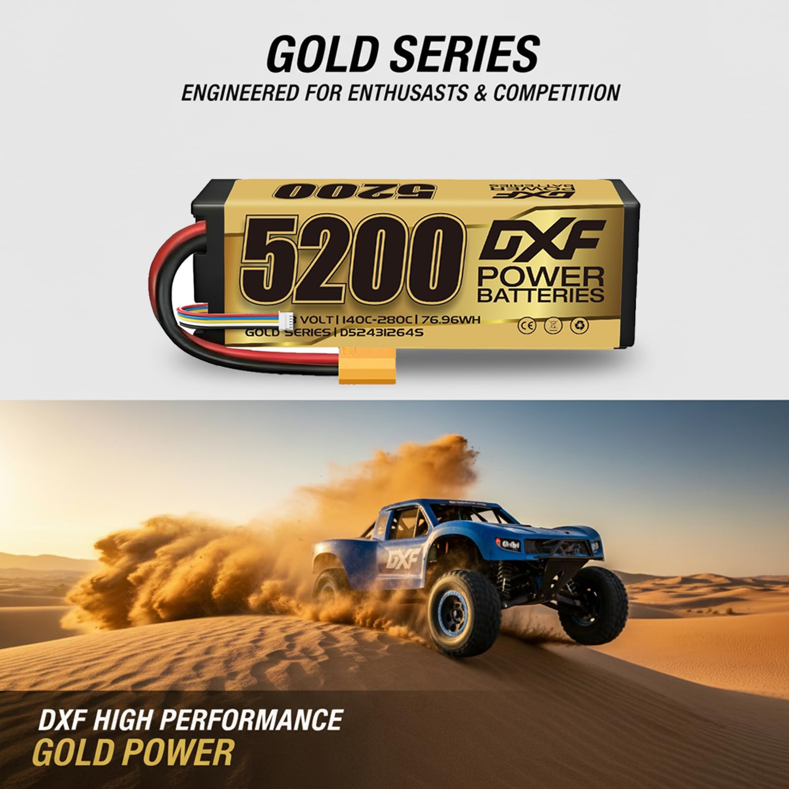 DXF 2 confezioni – 5200 mAh, 140 C, spina XT90, batteria lipo 4s ideale per 1/8 & 1/10 auto di losi, hpi, associated & altro ancora – 4s lipo potente e affidabile